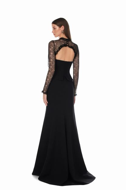 Robe de soirée noire à corset et effet dentelle